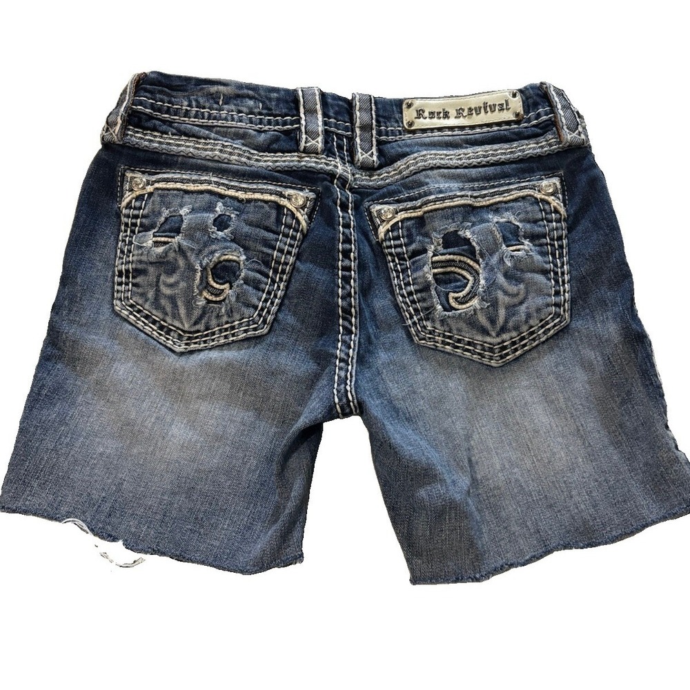 Rock Revival Cut Off Denim Shorts 28 Blue Stretch Embroidered